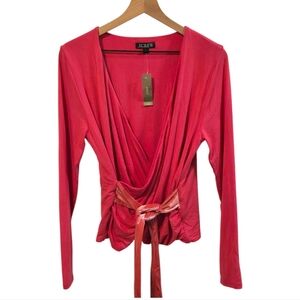 J Crew FormKnit Pink Long Sleeve Velvet Tie Wrap Top Size Large NWT
